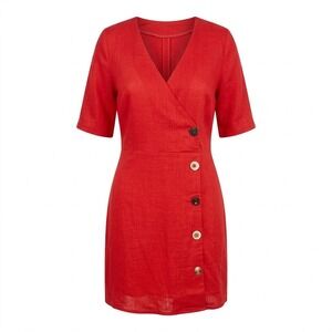 Moon River Red Linen Blend Asymmetrical Button Mini Dress - AC